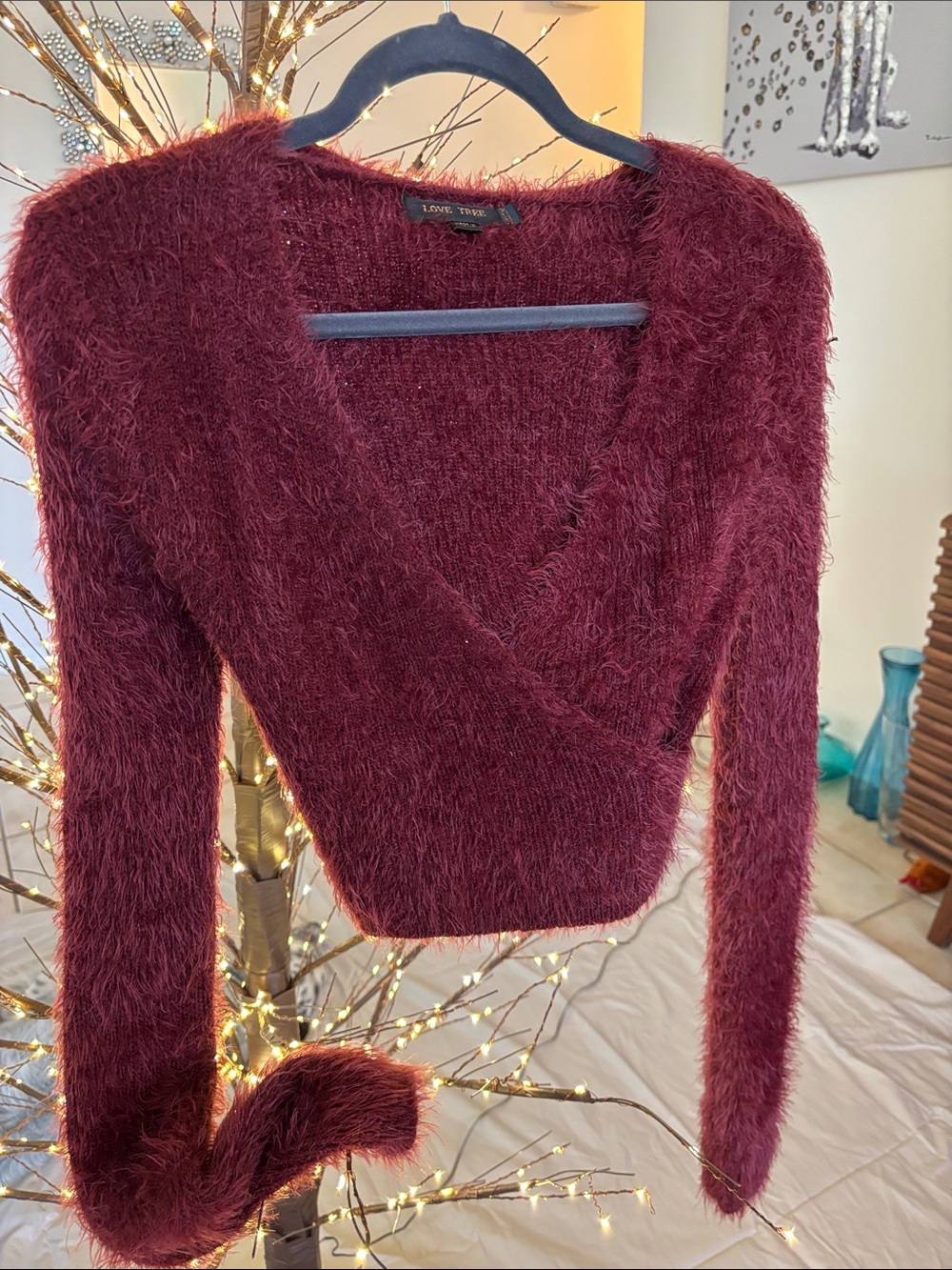 Love Tree Burgundy Fuzzy V-Neck Wrap Sweater